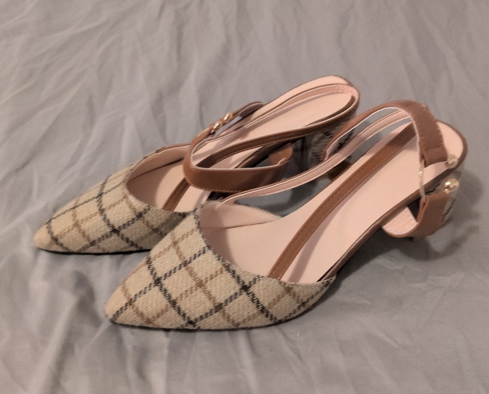 Pointed Plaid Slingback Heels in Beige and Tan